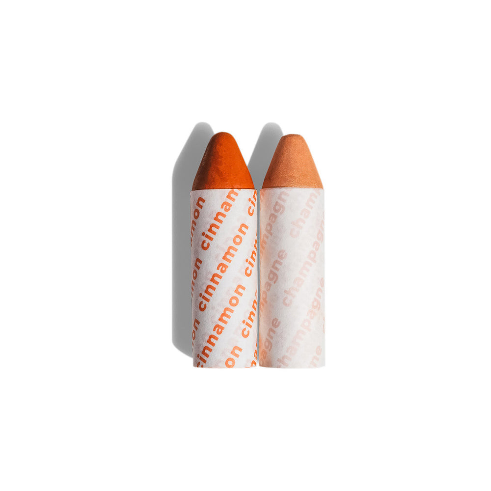 AXIOLOGY Balmie Duo Set Cinnamon + Champagne, matte multi-use crayons for eyes, lips, and cheeks, eco-friendly and vegan.