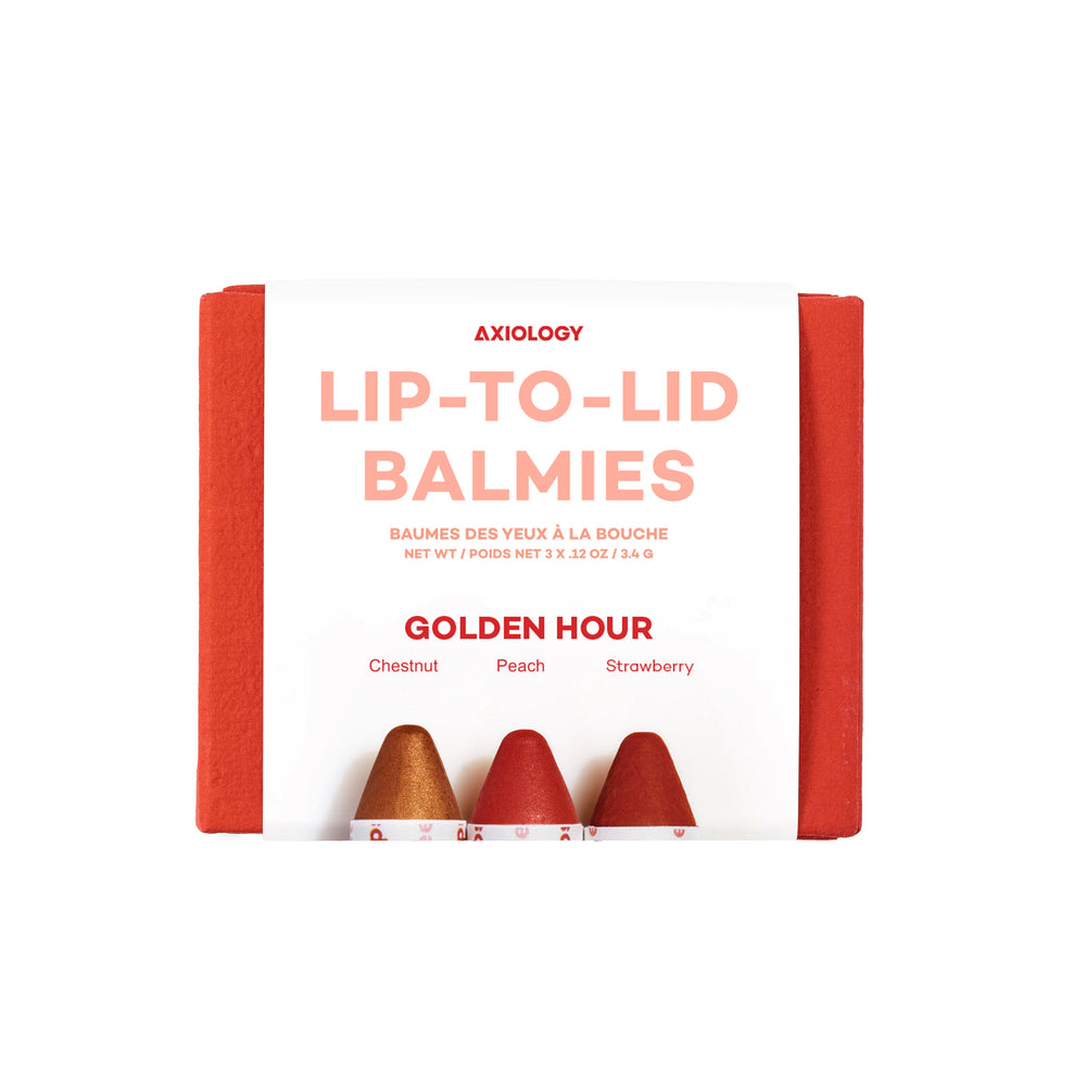 Axiology Balmie Trio Set in Golden Hour, including Chestnut, Peach, and Strawberry shades, matte multi-use crayons for eyes, lips, and cheeks, vegan and eco-friendly.