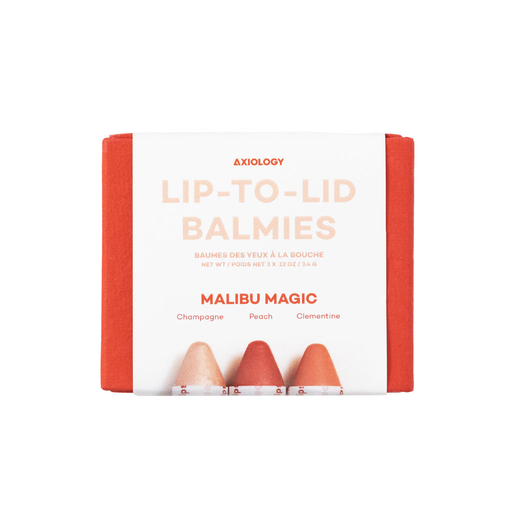 Axiology Balmie Trio Set in Malibu Magic, featuring Champagne, Peach, and Clementine shades, matte multi-use crayons for eyes, lips, and cheeks, vegan and eco-friendly.