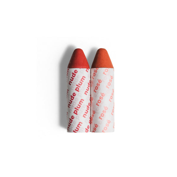 AXIOLOGY Balmie Duo Set in Nude Plum and Rosé, matte multi-use crayons for eyes, lips, and cheeks, eco-friendly and vegan.