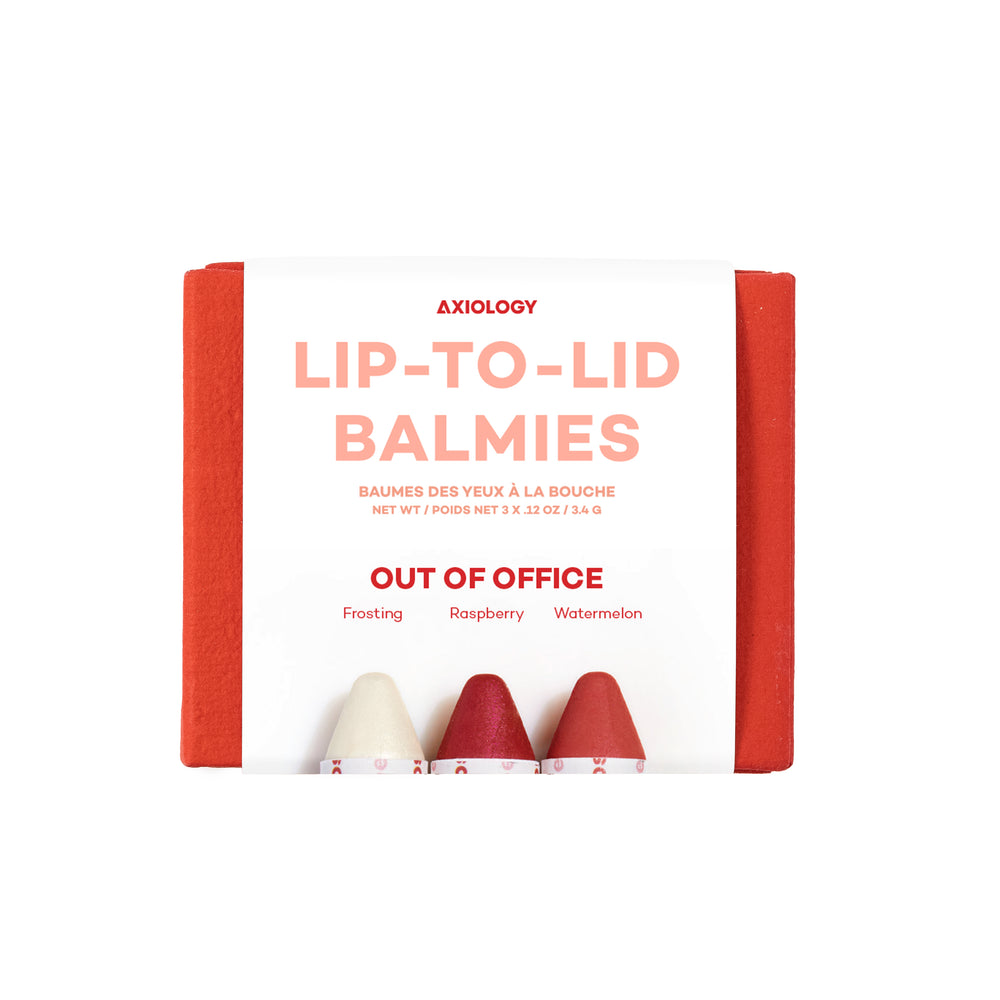 Axiology Balmie Trio Set in Out of Office, featuring Frosting, Raspberry, and Watermelon shades, matte multi-use crayons for eyes, lips, and cheeks, vegan and eco-friendly.