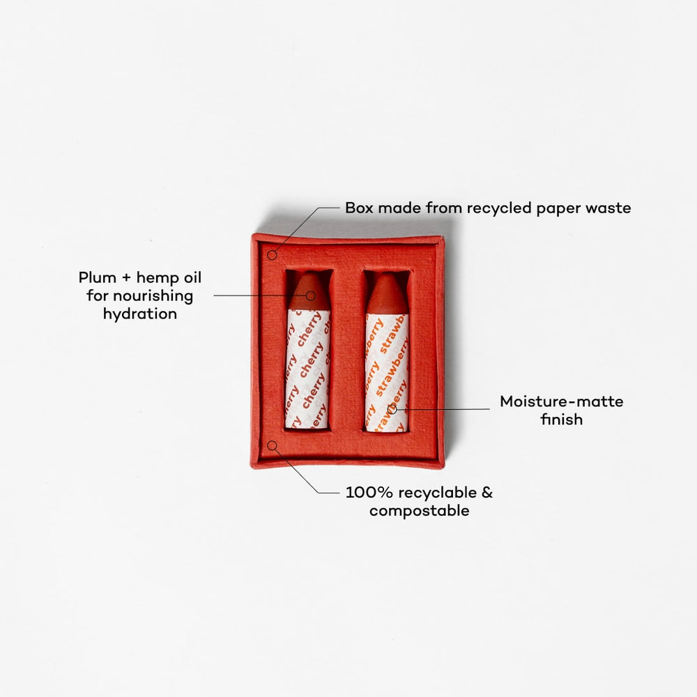 AXIOLOGY Balmie Duo Set in Strawberry and Cherry, matte multi-use crayons for eyes, lips, and cheeks, eco-friendly and vegan.