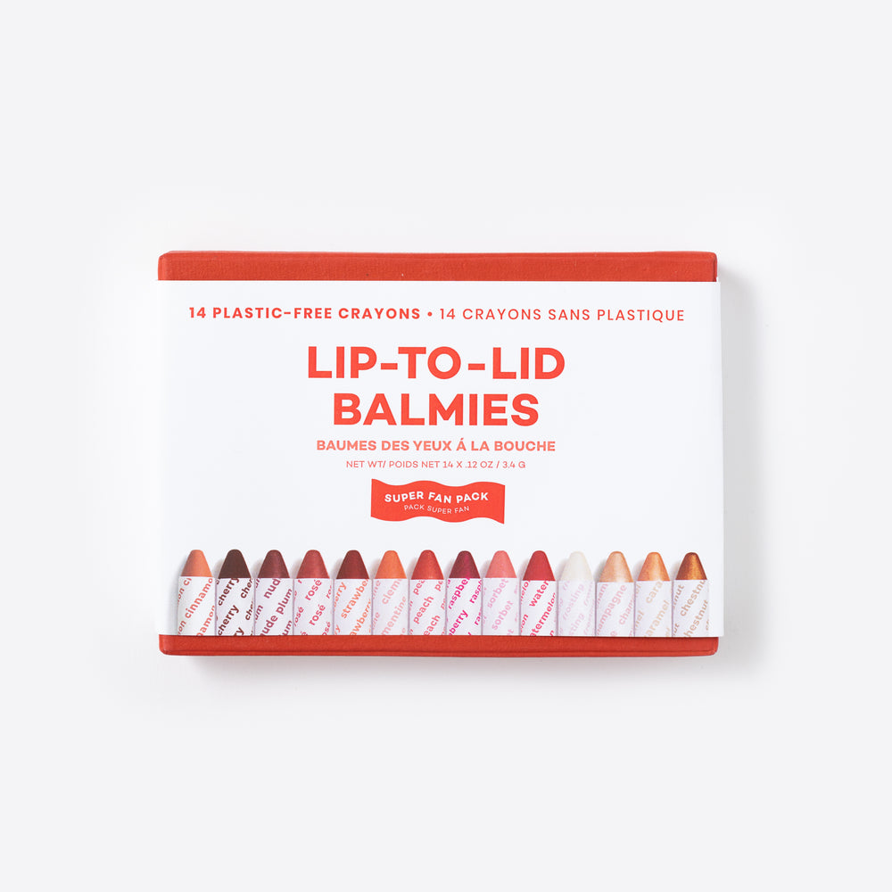 Axiology Super Fan Pack with all 14 matte Balmie crayons for eyes, lips, and cheeks, eco-friendly, vegan, and plastic-free.
