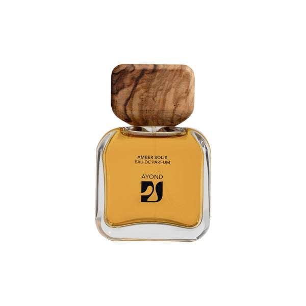 Amber Solis perfume bottle with wooden cap from Ayond on a white background