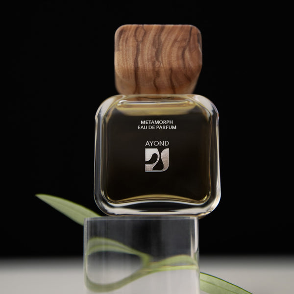 Ayond perfume bottle with wooden cap on a reflective surface against a black background