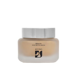A glass matte clear jar of Ayond Zeolite AHA Detox Mask on a white background