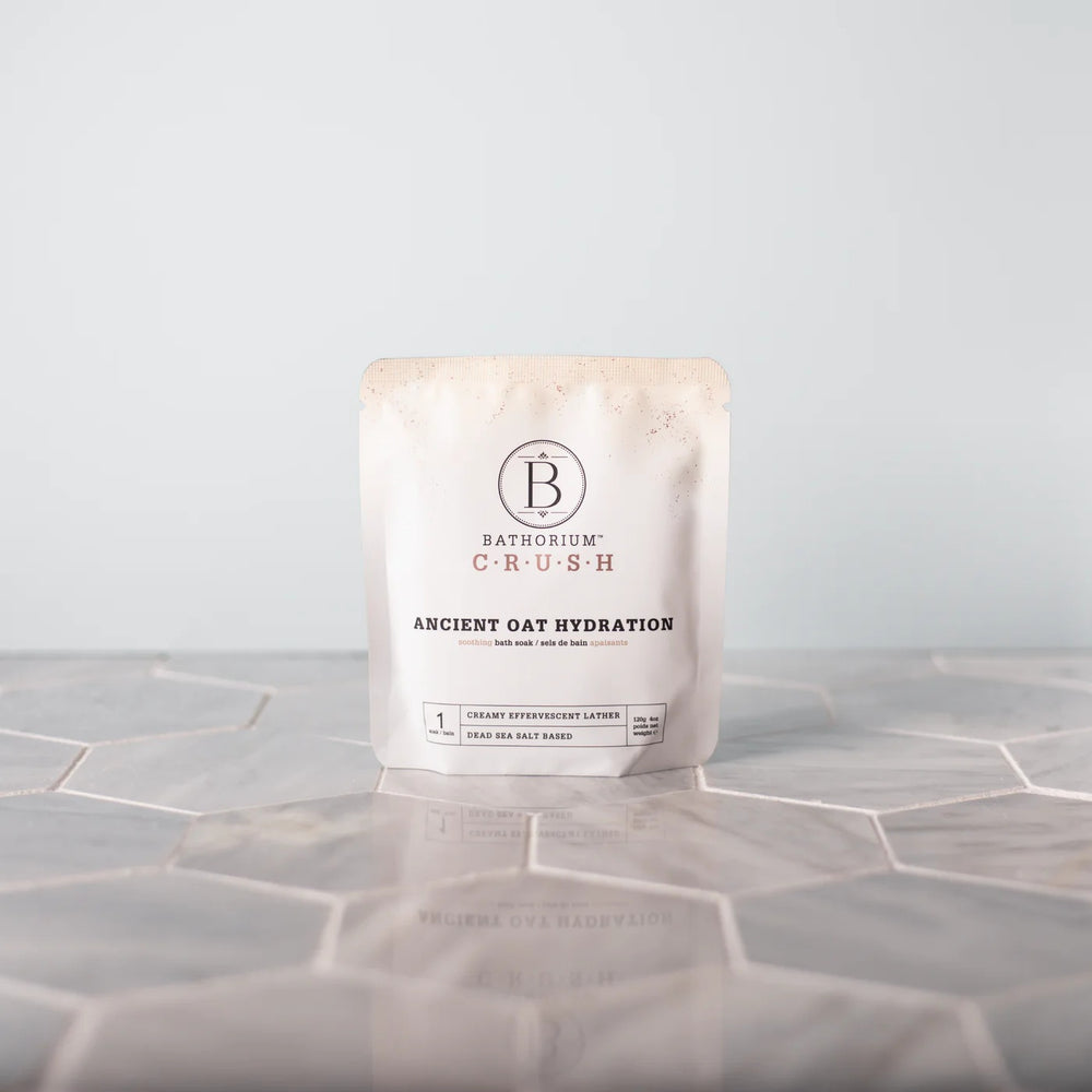 Bathorium Ancient Oat Hydration Crush bath soak with a blend of chamomile, rice milk, and colloidal oat for hydrated, soft skin. ALWAYS SHOW
