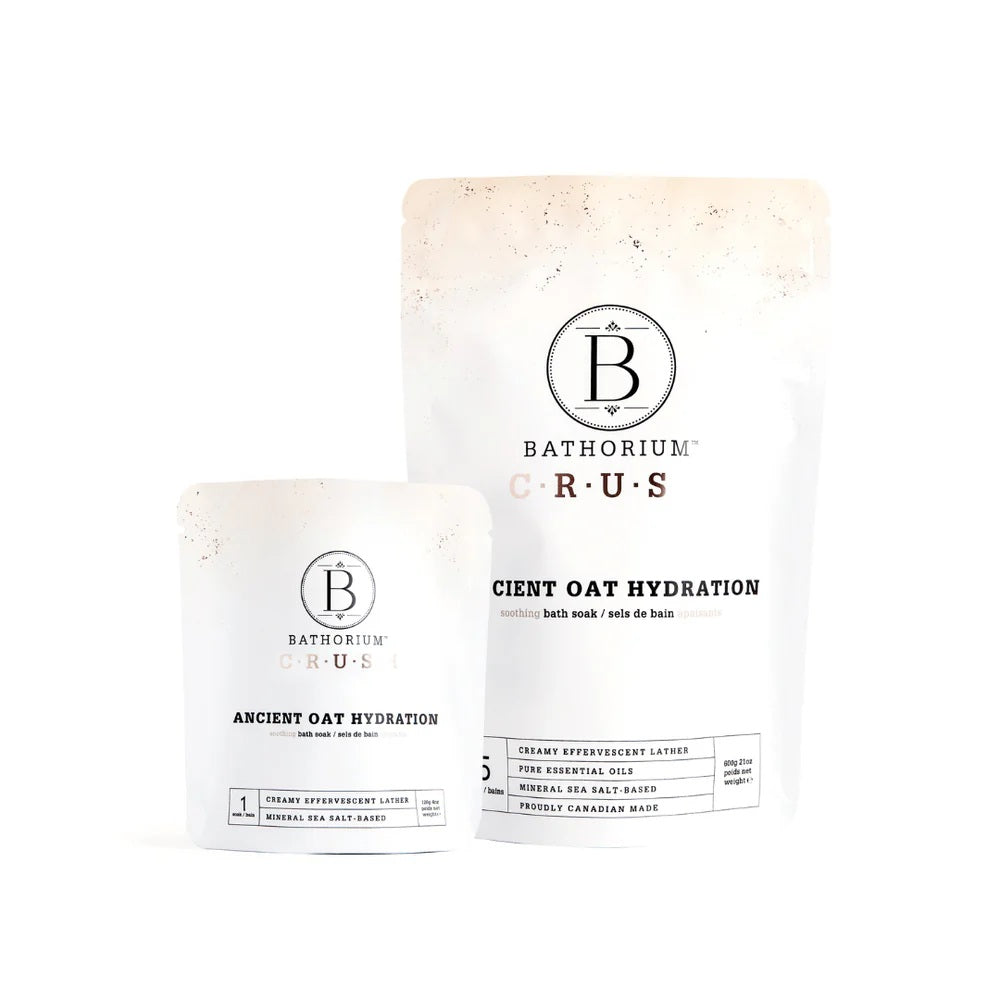 Bathorium Ancient Oat Hydration Crush bath soak with a blend of chamomile, rice milk, and colloidal oat for hydrated, soft skin. ALWAYS SHOW