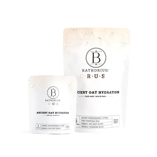Bathorium Ancient Oat Hydration Crush bath soak with a blend of chamomile, rice milk, and colloidal oat for hydrated, soft skin. ALWAYS SHOW