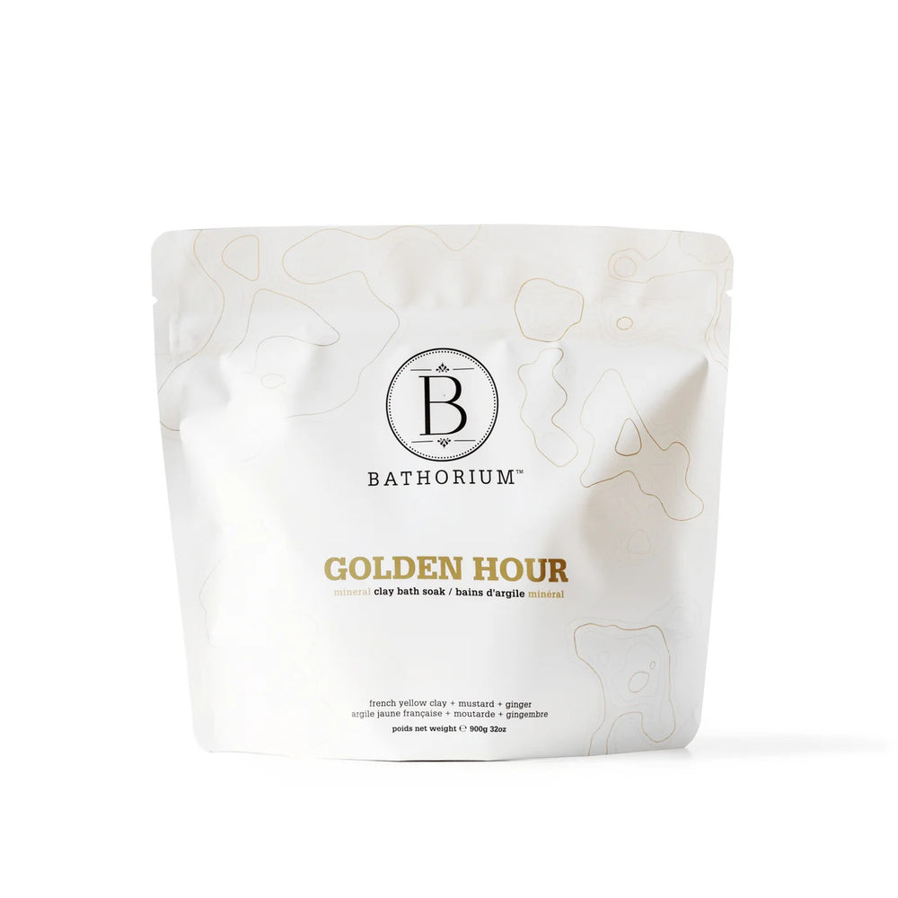 Bathorium Golden Hour Mud Mineral Soak with French yellow clay and ginger CO₂ in 900g bag.