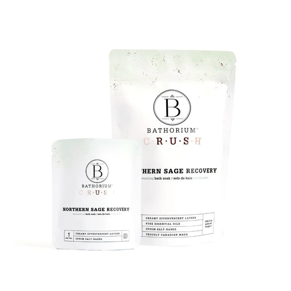Bathorium Northern Sage Recovery Crush bath soak with sage, pine, and glacial clay. ALWAYS SHOW