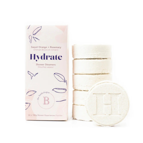 Bathorium Hydrate Shower Steamers with citrus and rosemary essential oils in eco-friendly packaging. 6 x 100g