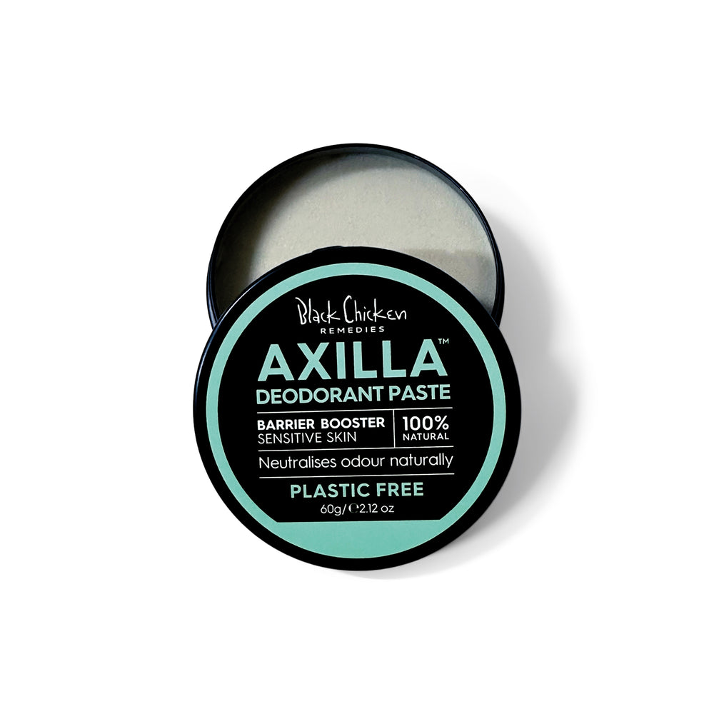 Black Chicken Remedies Axilla™ Natural Deodorant Paste Barrier Booster Plastic Free sensitive deodorant paste packaging on white background