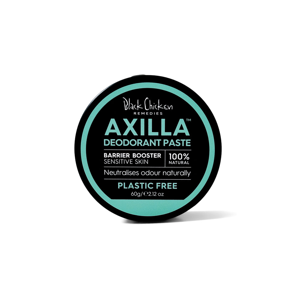 Black Chicken Remedies Axilla™ Natural Deodorant Paste Barrier Booster Plastic Free sensitive deodorant paste packaging on white background