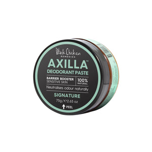 Black Chicken Remedies Axilla Natural Deodorant Paste Barrier Booster Signature in a 75 g jar. The product is shown in a minimalist package with branding on the label. 
