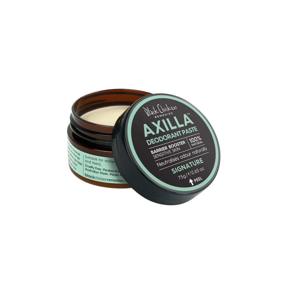 Black Chicken Remedies Axilla Natural Deodorant Paste Barrier Booster Signature in a 75 g jar. The product is shown in a minimalist package with branding on the label. 