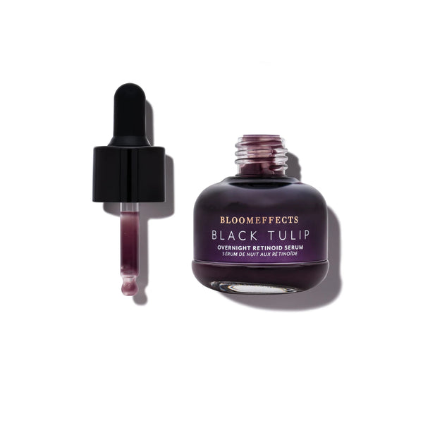 Bloomeffects Black Tulip overnight retinoid serum with dropper on a white background