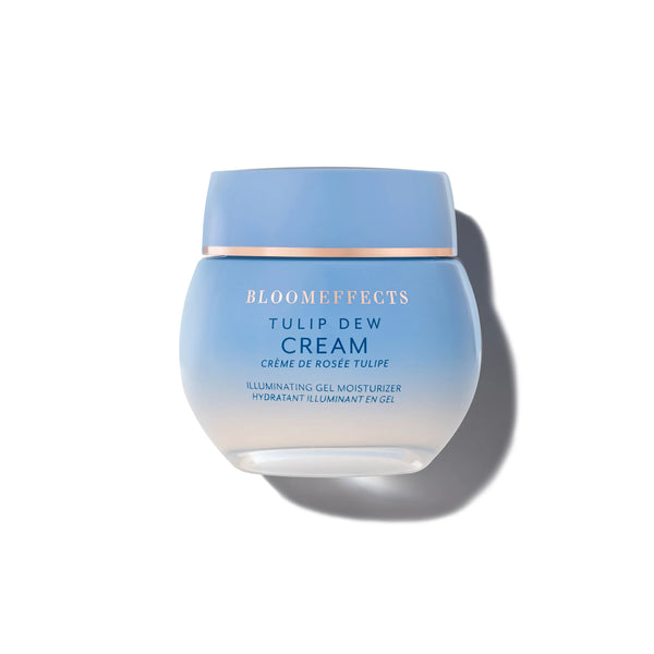 Bloomeffects Tulip Dew Cream Illuminating Gel Moisturizer in a 50ml jar, lightweight gel texture with botanical oils and radiant finish, on white background