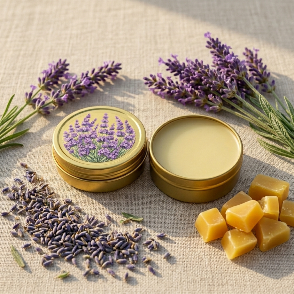 An open round metal tin with a gold-colored lid featuring an illustration of purple lavender flowers, next to the open base showing a pale cream-colored balm inside, on a white background.