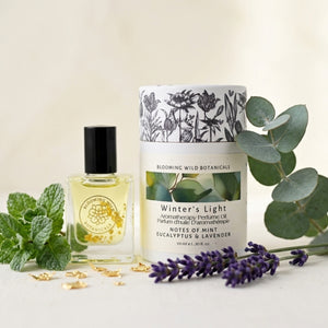 Perfume bottle and packaging with floral design on a light background
