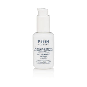BLUH ALCHEMY Botanic-Retinol Concentrate 30ml white glass bottle with Bakuchiol and botanical extracts, on white background