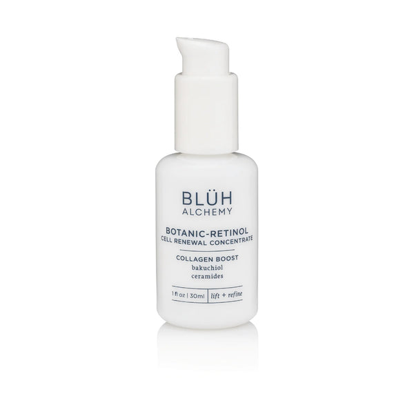 BLUH ALCHEMY Botanic-Retinol Concentrate 30ml white glass bottle with Bakuchiol and botanical extracts, on white background