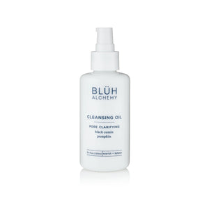 BLUH ALCHEMY Cleansing Oil in 100 ml white glass bottle with a white pump on white background