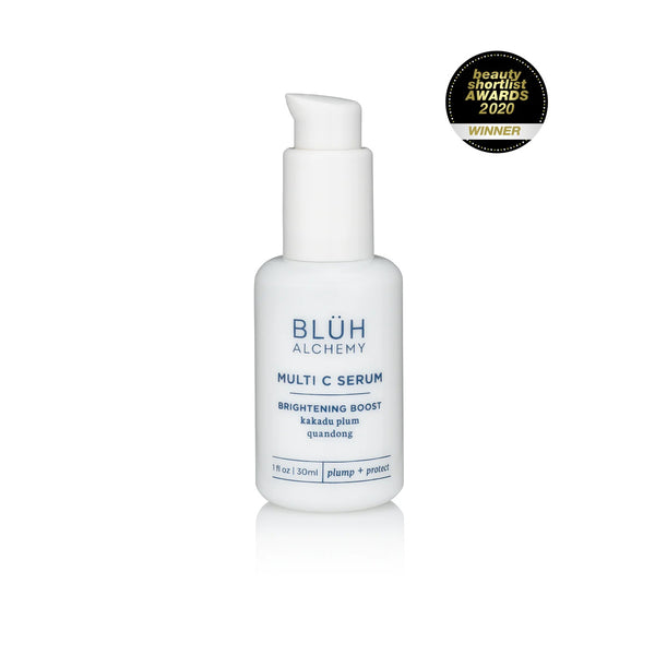 BLUH ALCHEMY Multi C Serum 30ml white glass bottle with peptides and Kakadu Plum Vitamin C on white background