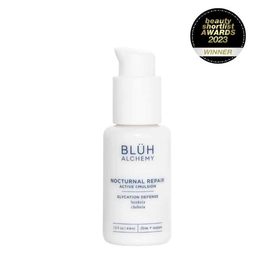 BLUH ALCHEMY Nocturnal Active Emulsion 44ml white glass bottle with a pump for smooth, hydrated overnight skin. On white background