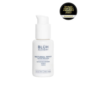 BLUH ALCHEMY Nocturnal Active Emulsion 44ml white glass bottle with a pump for smooth, hydrated overnight skin. On white background