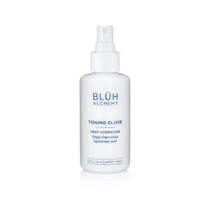 BLUH ALCHEMY Toning Elixir in 100ml white glass bottle with botanicals and hyaluronic acid.