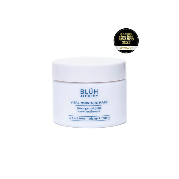 BLUH ALCHEMY Vital Moisture Mask in 50ml white glass jar with hydrating fruit oils and botanical extracts on white background