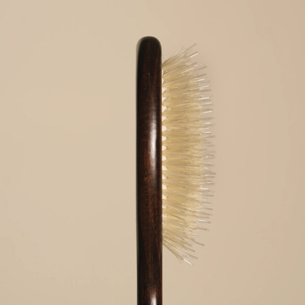Wooden brush with bristle head on a beige background