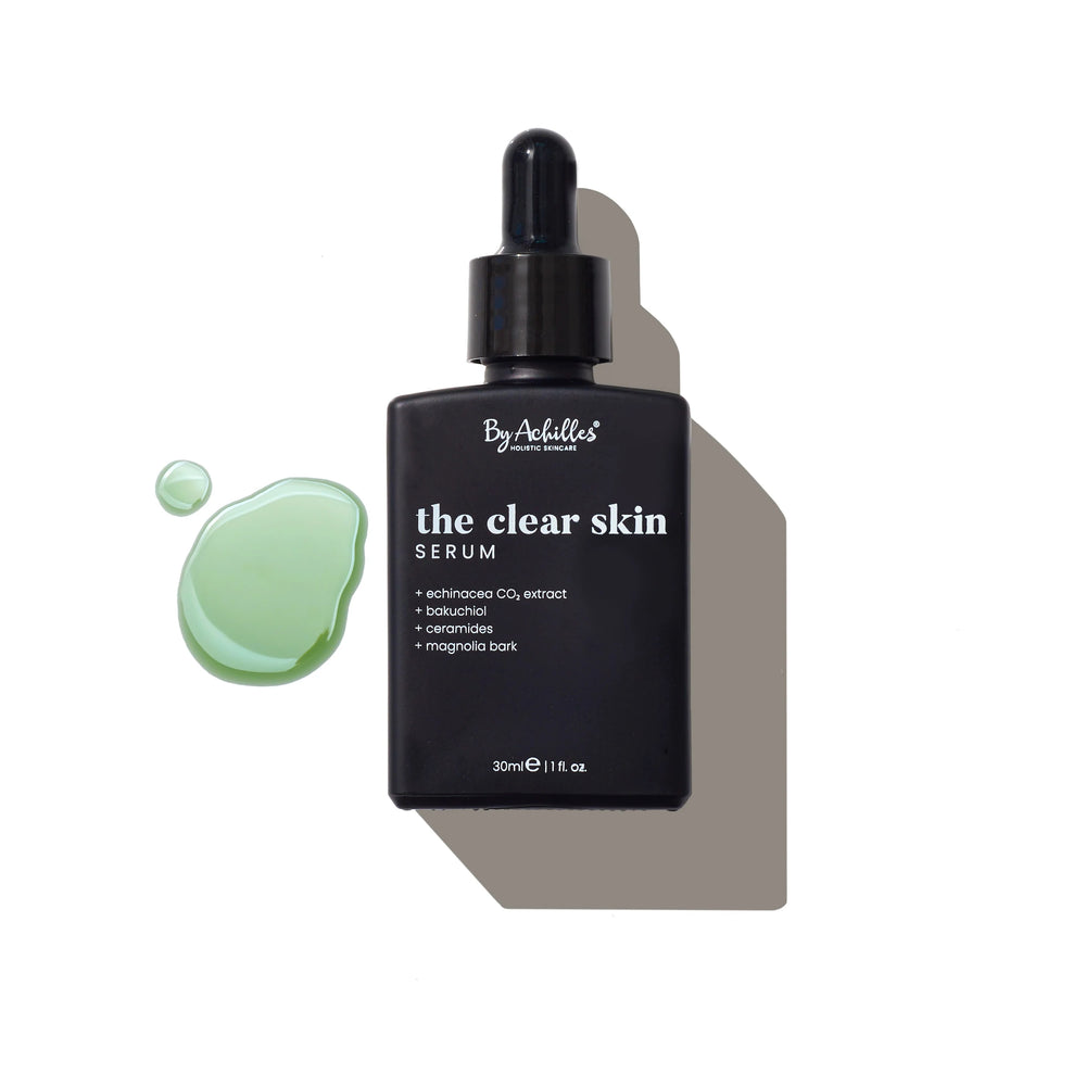 By Achilles - The Clear Skin Serum, 30ml bottle with herbal extracts for clear-looking skin, hydration, and pore-minimizing benefits.