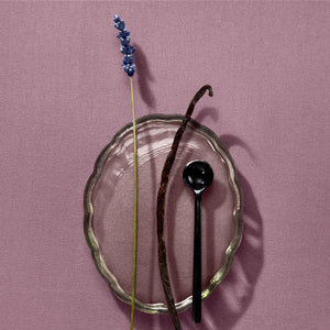 Vanilla bean, spoon, and lavender on a textured pink surface