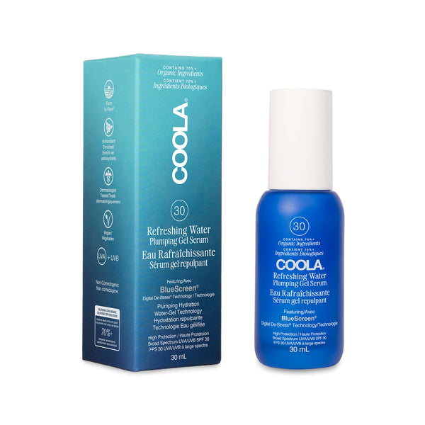 COOLA Refreshing Water Plumping Gel Serum SPF 30 – lightweight hydrating face serum with sun protection in a sleek blue bottle.