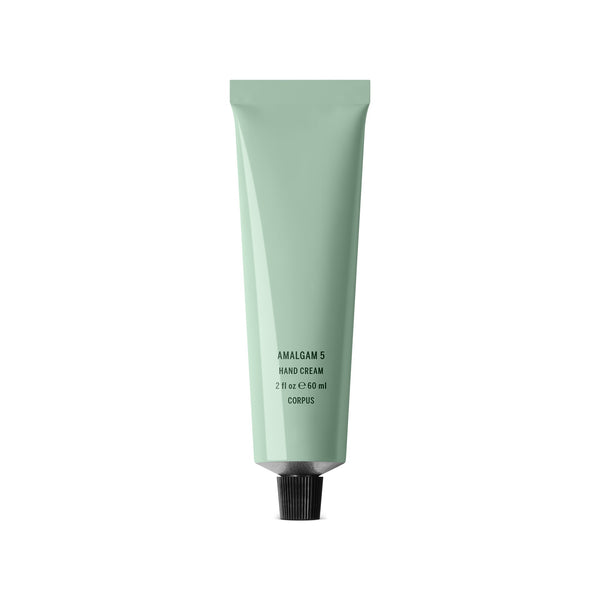 CORPUS Aromatic Hand Cream Amalgam 5 in a recycled aluminum tube with FSC-certified box, featuring notes of lemon, cypress, bergamot, vetiver, and cedar.