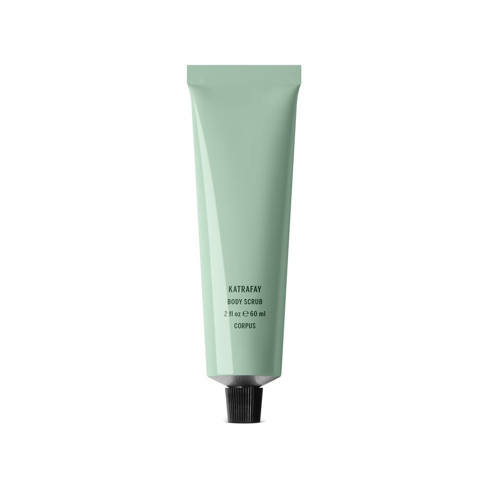 CORPUS Body Scrub Katrafay Mini in a recyclable aluminum tube with FSC-certified box, enriched with Katrafay, cedar, amyris, and orange essential oils.