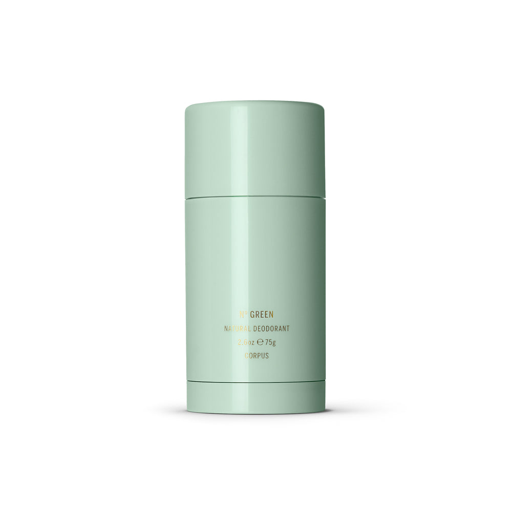CORPUS Nº Green Natural Deodorant in aluminum packaging with citrus and spice notes of bergamot, pink lemon, orange blossom, and cardamom.