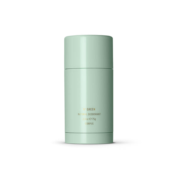 CORPUS Nº Green Natural Deodorant in aluminum packaging with citrus and spice notes of bergamot, pink lemon, orange blossom, and cardamom.
