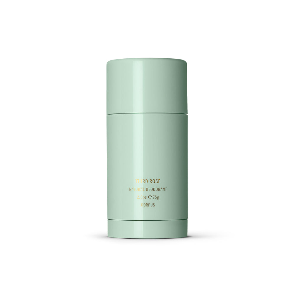 CORPUS Third Rose Natural Deodorant in aluminum packaging with soft rose, citrus, violet, and cedar scent notes.