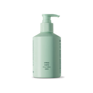 CORPUS Shampoo Cypress in mint colored aluminium bottle with the same colour of pump on white background