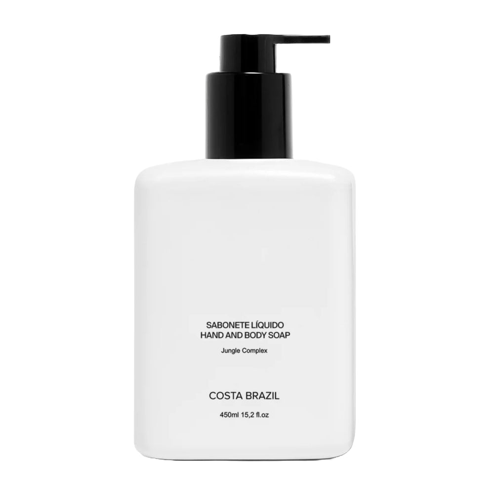 White bottle of Costa Brazil hand and body soap with black pump on a white background