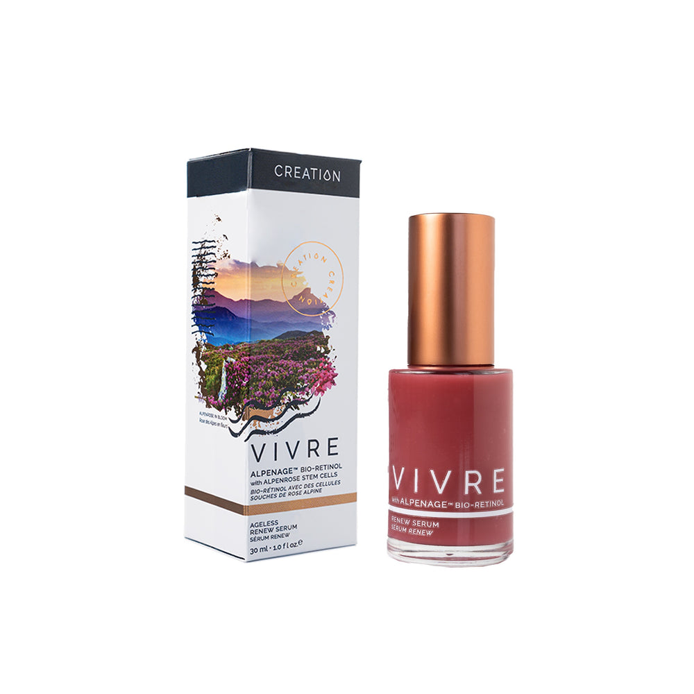 CREATION VIVRE Alpenage™ Renewal Face Serum in a sleek bottle, formulated with Alpine Rose Stem Cells, Edelweiss, and Bakuchiol to hydrate, smooth, and renew skin for a radiant, resilient complexion.