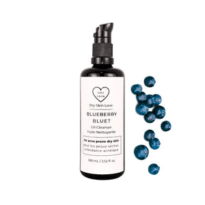 Dry Skin Love Blueberry Oil Cleanser in black glass 100ml bottle with black pump and white label for dry skin, featuring nutrient-rich plant oils, gentle cleansing, and hydration.