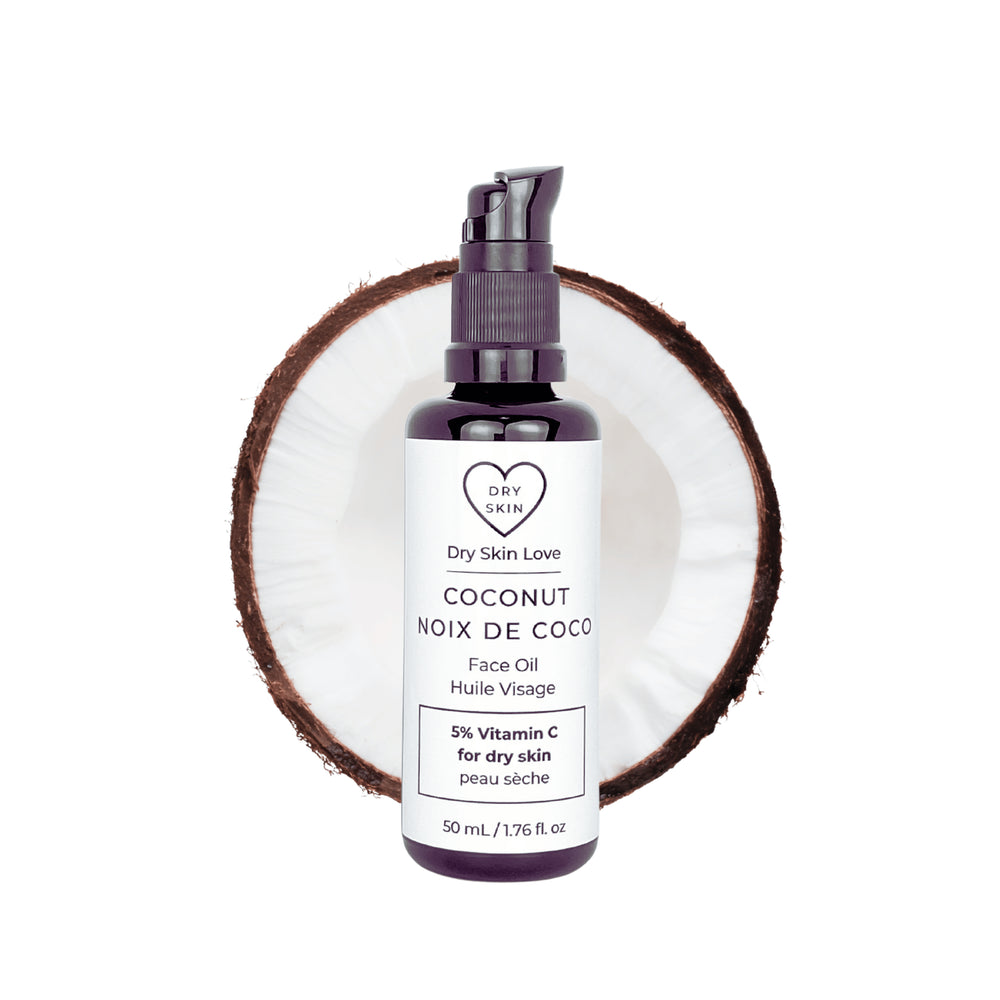 Dry Skin Love Coconut 5% Vitamin C Face Oil for sensitive skin in a 50ml black glass bottle with white label and black pump, featuring organic coconut oil, apple seed oil, and chamomile extract.