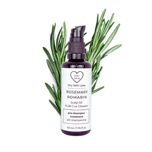 Dry Skin Love Rosemary Pre-Shampoo Scalp Oil black glass 50ml bottle with white label and black pump, nourishing oil for dry scalp and hair with rosemary extract and essential oil.