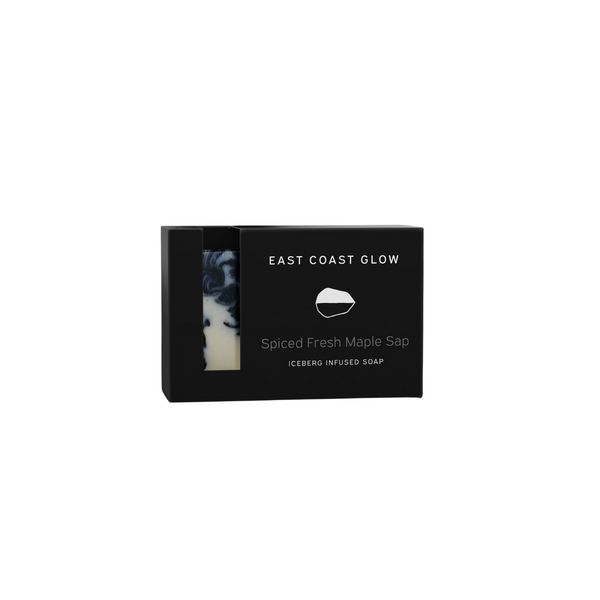 East Coast Glow Spiced Fresh Maple Sap Iceberg Infused Soap bar with creamy lather, made from Newfoundland maple sap, warm spices, and wildcrafted botanicals for gentle cleansing and hydration.