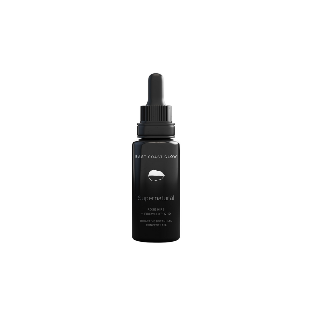East Coast Glow Supernatural Bioactive Botanical Concentrate face oil bottle with wild rosehips, fireweed, and botanical ingredients, highlighting natural anti-aging and skin-brightening benefits.