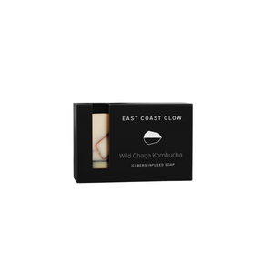 Bar of East Coast Glow Wild Chaga Kombucha Iceberg Infused Soap with natural clay and activated charcoal, highlighting its creamy texture and wildcrafted ingredients.